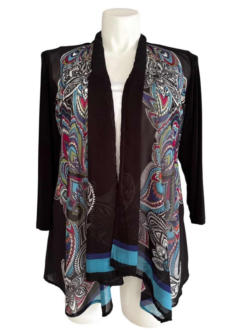 Chico's Travelers Black/Multicolor Rhea Scarf Jacket, Women's SIze 3 (XL)